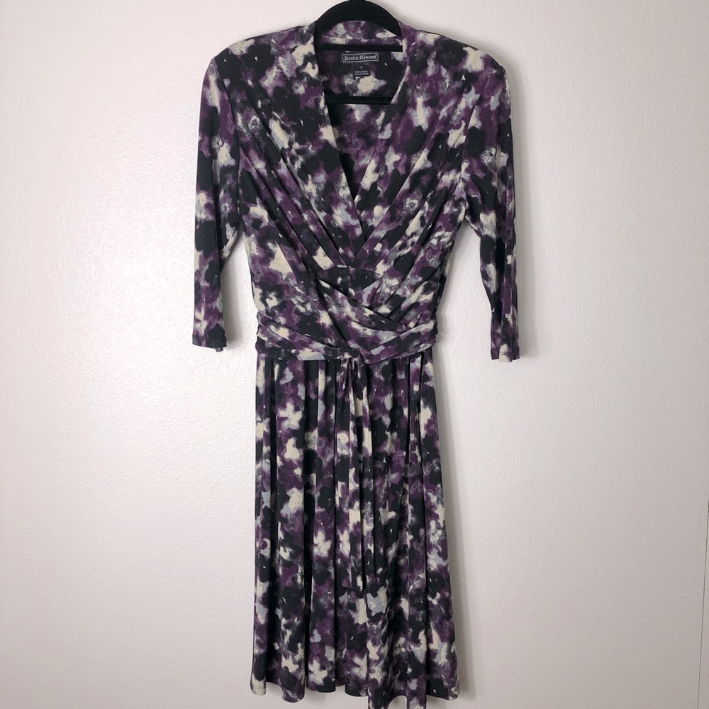 Jessica Howard Faux Wrap Dress Size 12 Purple and Black 3/4 Sleeve Belt Tie